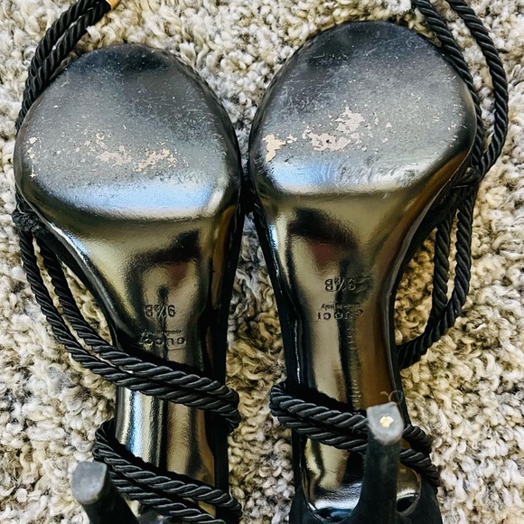 Gucci Black Suede Platform Sandals Stiletto Heels GoldMetalToeSatin RopeBraided - Picture 4 of 4